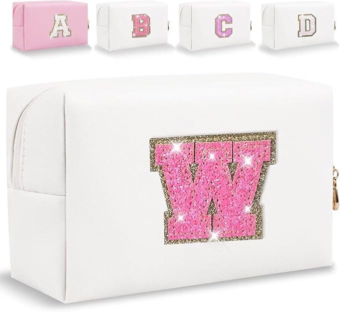 Small Personalized Glitter Initial Letter Makeup Bag, Cute PU Leather Chenille Letters Cosmetic Bag Travel Makeup Pouch, Preppy Travel Organizer Zipper Pouch for Women&Girls（WhiteRosePink-W）
