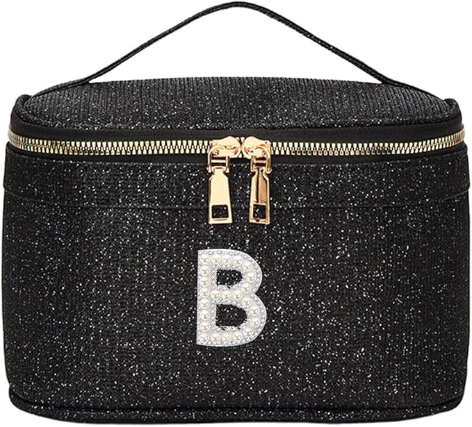 EURYNOME Makeup Bag - Water-Resistant Travel Cosmetic Organizer (8.3x5.1x5.1 Inch) for Women,Sparkling Custom Letter B Design
