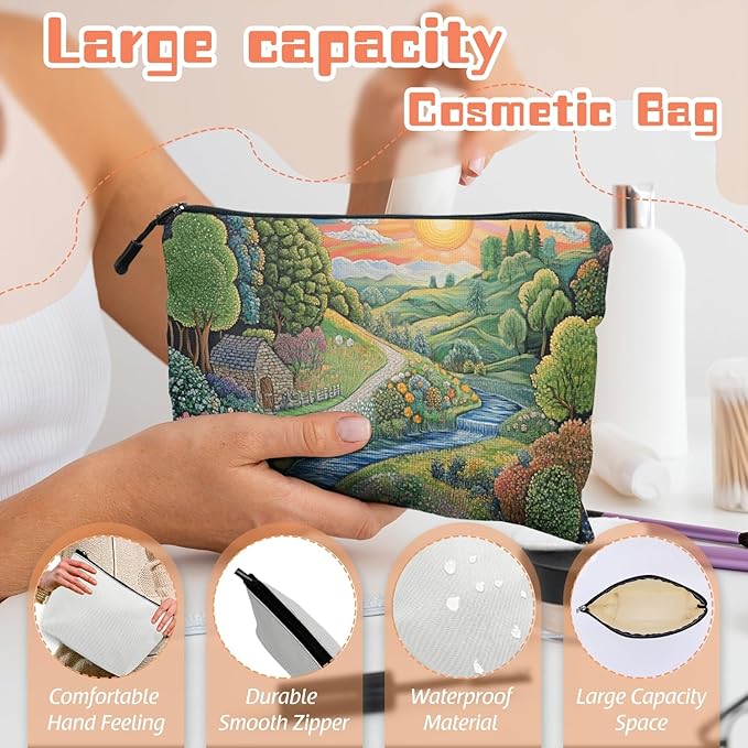 Cosmetic Bags Travel Makeup Toilet Case Waterproof Pouch for Women Girls 6.7X9.45inches - Idyllic Country Landscape With Path And Sun