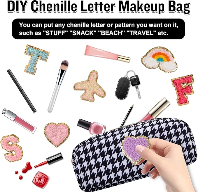 Nylon Slim Makeup Bag, Cute Makeup Brush Case, Preppy Cosmetic Zipper Pouch for Purse, Travel Toiletry Bag Clutch Coin Pouch Make Up Organizer for Women Girls (Black Houndstooth)