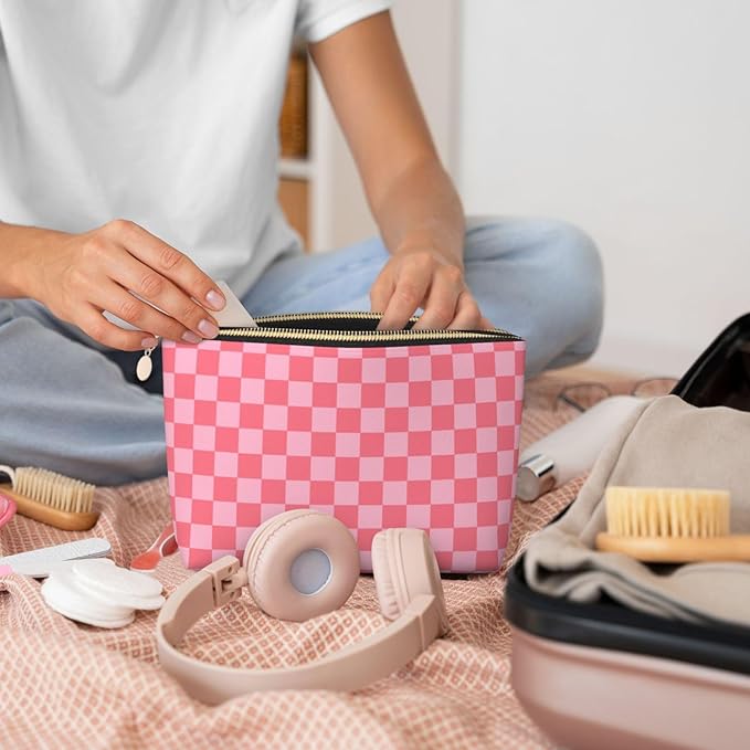 Womens Leather Makeup Bag Cosmetic Bag Travel Toiletry Bags Make Up Bags for Women Adult (Elegant Pink)
