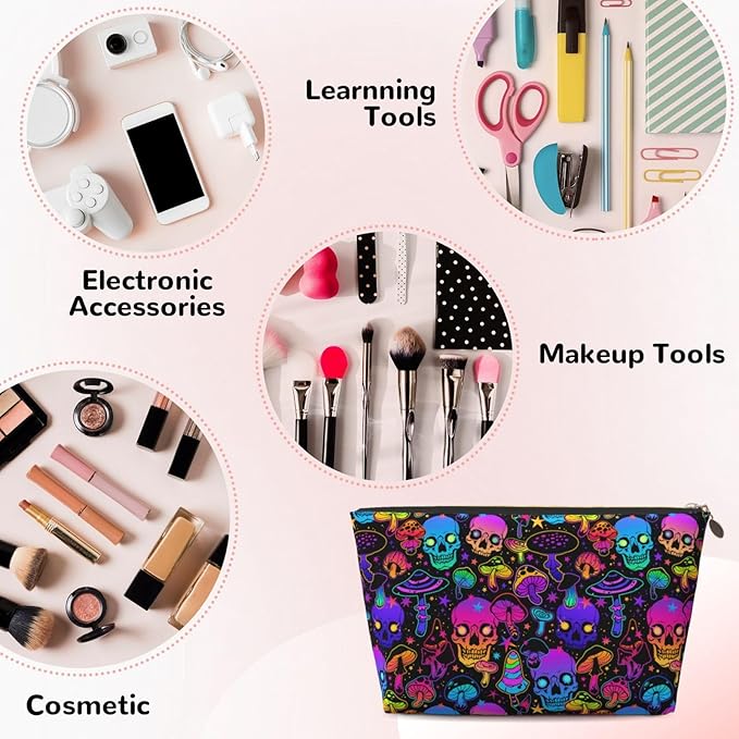 Mushrooms Skulls Small Makeup Bag for Women - Leather Travel Cosmetic Bag Make Up Pouch Mini Travel Zipper Pouch - Makeup Organizer Bag