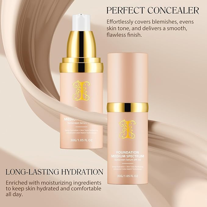 Color Changing Foundation Liquid 4 in 1, Foundation for Older Women, Hydrating Longwearing & Waterproof Concealer, SPF 50+ Foundation Makeup Base Nude Face, Medium Spectrum for all Skin