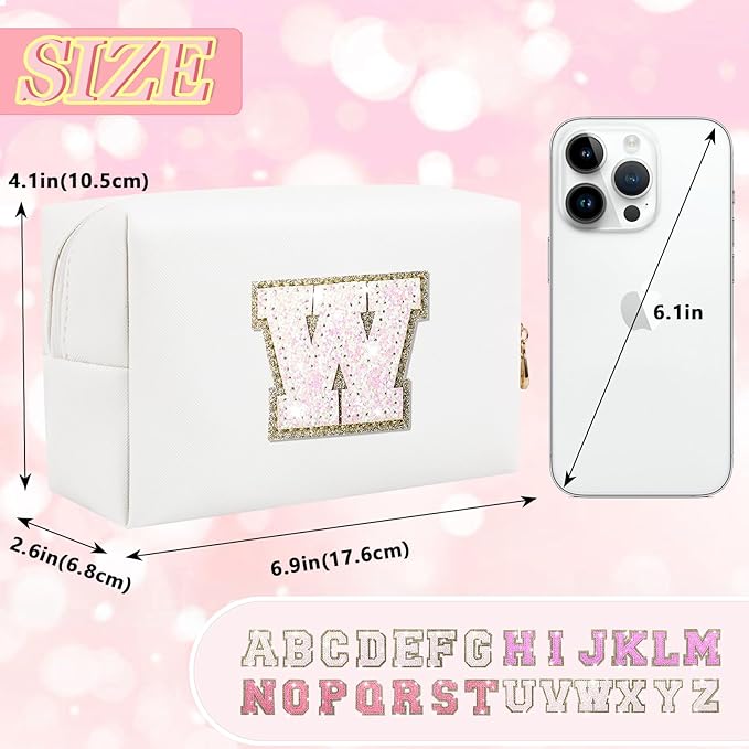Personalized Initial Letter Patch Makeup Bag, Preppy Glitter Letter Makeup Organizer, Cute Monogrammed Pouch Cosmetic Bag PU Leather Waterproof Travel Toiletry Bag, Gift for Women Teen Girls