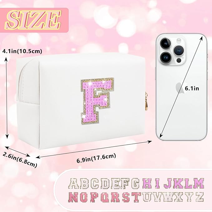 Personalized Initial Letter Makeup Bag, Preppy Glitter Letter Patch Cosmetic Pouch Zipper, PU Waterproof Travel Toiletry Bag Cute Makeup Organizer Monogrammed Make Up Bag, Gift for Women Girls