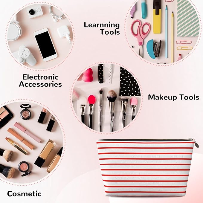 Womens Leather Makeup Bag Cosmetic Bag Travel Toiletry Bags Make Up Bags for Women Adult (White Red Line 2)