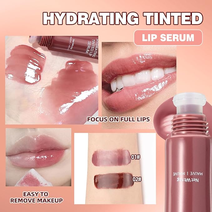 Tinted Lip Serum Gloss – Hydrating Lip Plumper with Natural Shine, Nourishing Hydration with Polypeptide Non-Sticky, Long-Lasting Color, Moisturizing Lip Makeup (4Pcs)