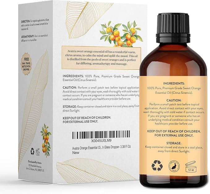 Avatra Brazilian Sweet Orange Essential Oil 100ml (3.38oz) - 100% Pure & Natural Orange Oil with Glass Dropper & Travel Bottle - Premium Essential Oil for Diffuser, Aromatherapy, Massage & DIY Candles