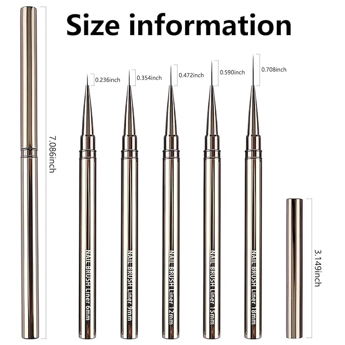 WOKOTO 5Pcs Liner Nail Art Brushes For Acrylic Nails Liner Brushes For Nails Champagne Handles Mix-Size 6mm 9mm 12mm 15mm 18mm Liner Nail Brushes Kit Thin Detail Nail Polish Detail Brushes Set