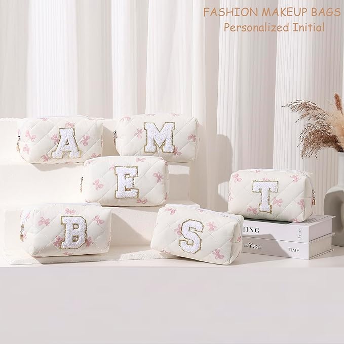 Gleyemor Personalized Initial Makeup Bag for Women, Cute Quilted Pink Floral Cotton Cosmetic Bag, Christmas Gifts for Her Mom Friend Sister Bridesmaid Teacher Women I