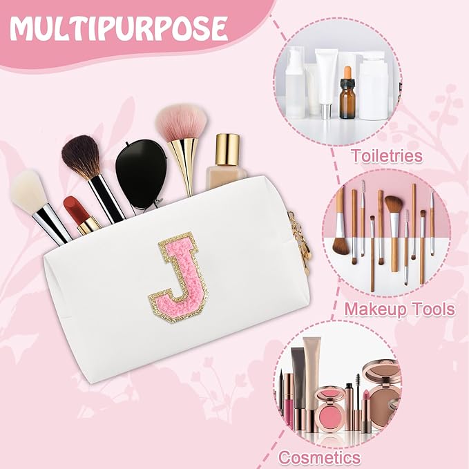 Personalized Preppy Small Travel Makeup Bag, Initial Chenille Letter White Makeup Bag Cosmetic Pouch Toiletry Organizer, PU Leather Waterproof Makeup Storage Cute Preppy Stuff for Women(Letter J)