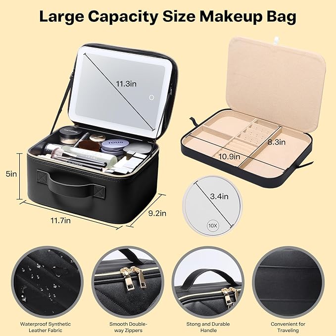 Travel Makeup Bag with LED Mirror, Large 12 Inch Cosmetic Train Case with Jewelry Organizer, 10X Magnifying Mirror, Adjustable Dividers for Cosmetics Makeup Brushes Toiletry, Includes 6 Velvet Pouches