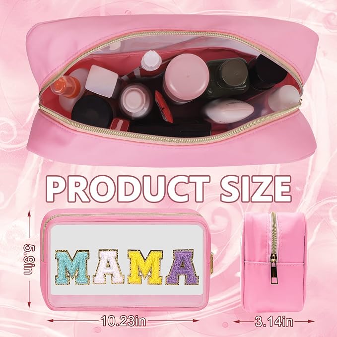 Iqimott Clear Patch Makeup Bag Mama Pouch, Preppy Personalized Chenille Letter Cosmetic Pouch for Travel, Nylon Waterproof Travel Essentials Zipper Toiletry Bags for Women Girls(MAMA, Pink)