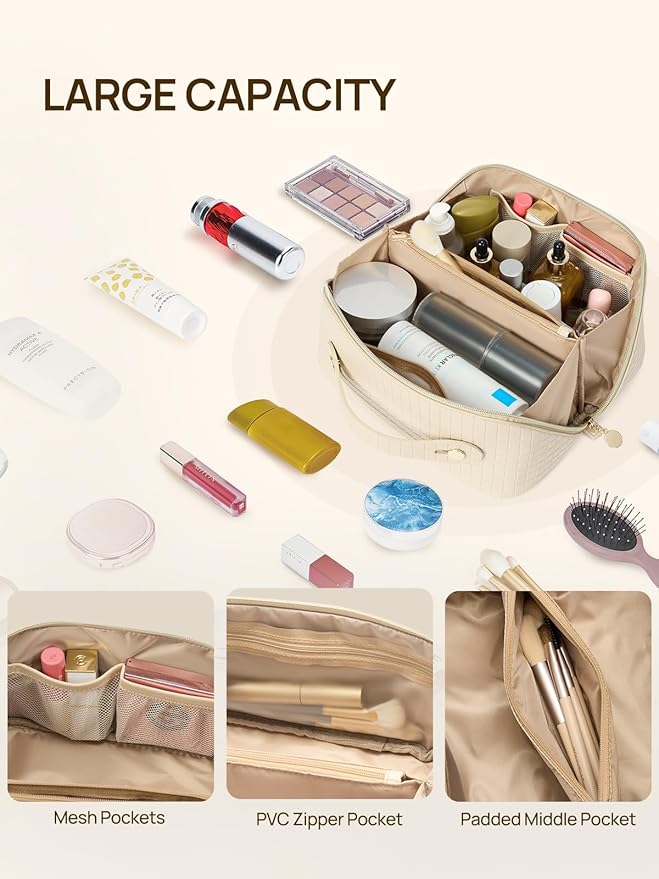 Telena Leather Make Up Bag Portable Travel Makeup Bag Waterproof Cosmetic Bags for Women Large Capacity With Handle and Divider Open Flat