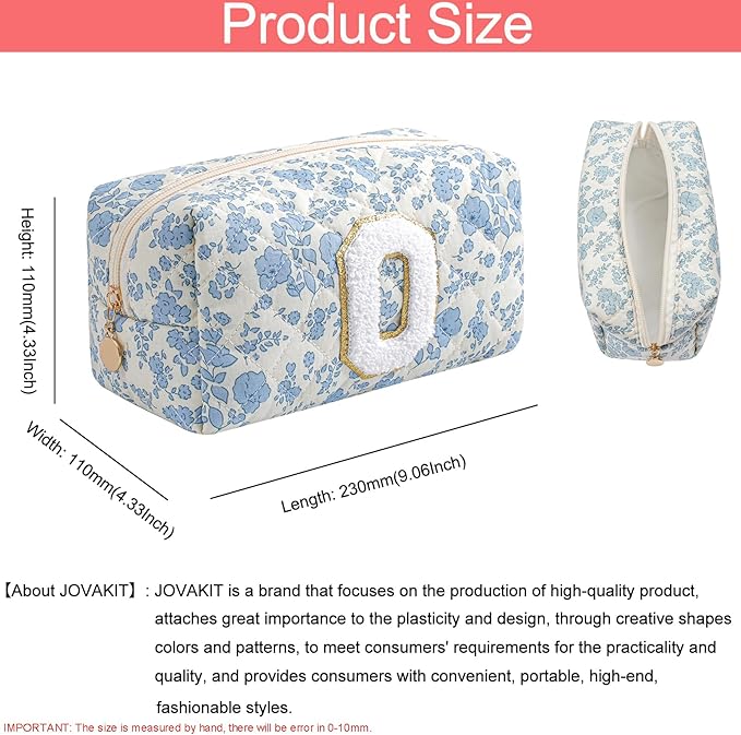 JOVAKIT Alphabet Makeup Bag Cosmetic Bag for Women, Christmas Gifts for Girls Age 6-18, Floral Flowers Coquette Travel Toiletry Zipper Make Up Pouch Organizer Trendy Stuff (Blue Floral O)