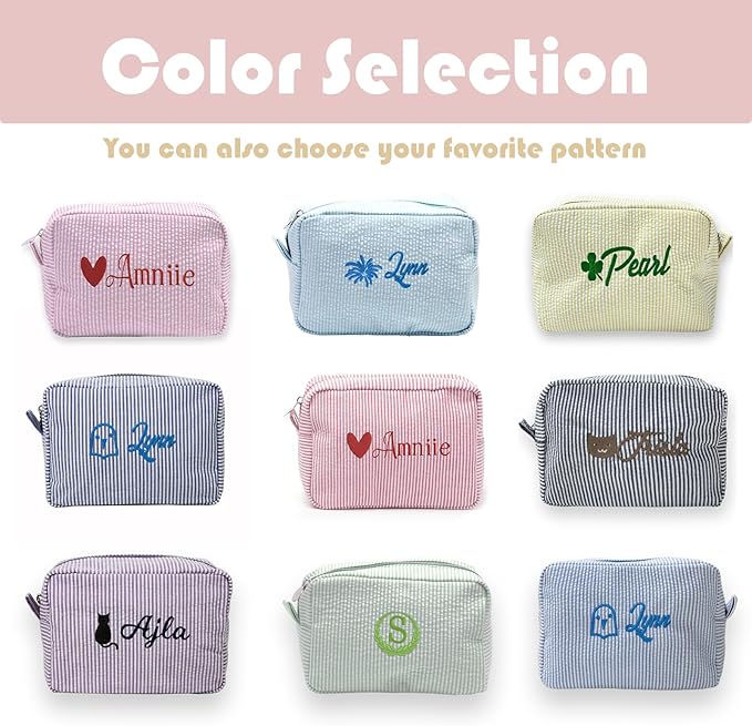 Custom Makeup Bag Personalized Cosmetic Bag Cute Seersucker Travel Toiletry Bag for Women Embroidered Bag Organizer for Bride Makeup Bag Gift Green