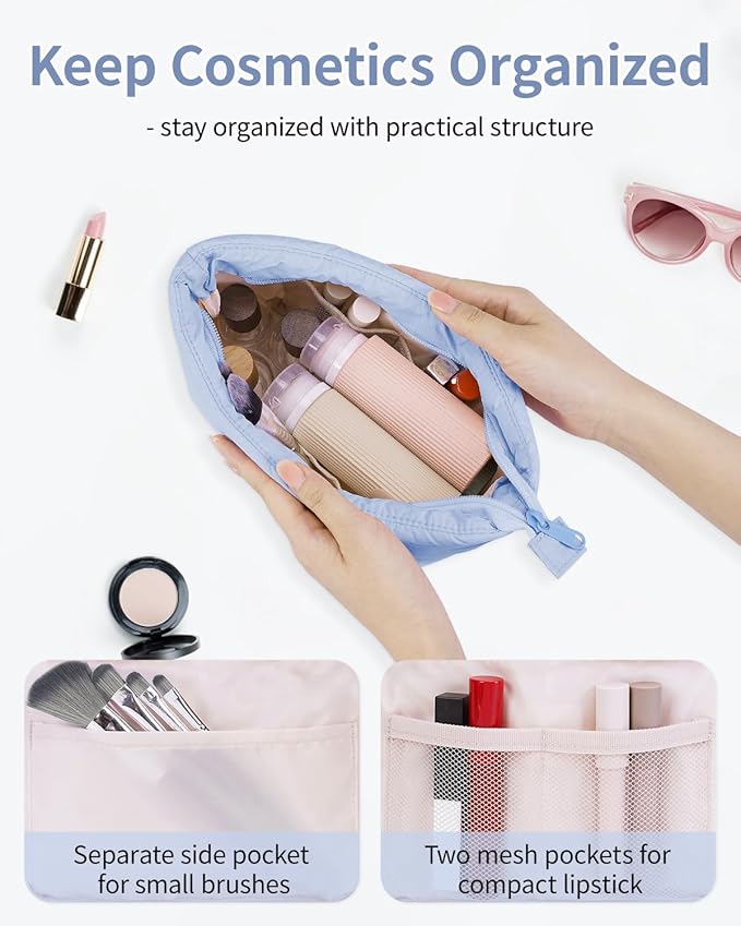 Narwey Small Makeup Bag for Travel Women Girl, Puffer Cosmetic Bag Makeup Pouch for Purse with Zipper, Cute Puffy Make Up Organizer Bags, Travel Toiletry Bag Toiletries (Light Blue)