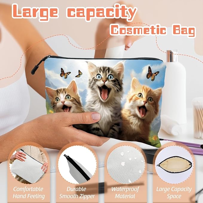 Cosmetic Bags Travel Makeup Toilet Case Waterproof Pouch for Women Girls 6.7X9.45inches - Kittens With Butterflies in A Mountain - Sky Background