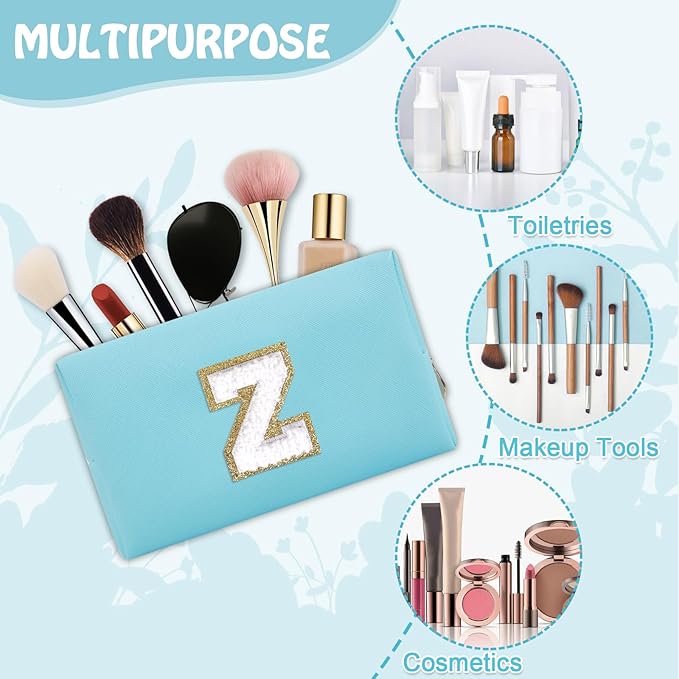 Small Initial Preppy Makeup Bag, Personalized Cute Blue Cosmetic Organizer Chenille Letter Travel Toiletry Zipper Pouch for Purse, Waterproof PU Make Up Case Birthday Gifts for Women Friend(Letter Z)