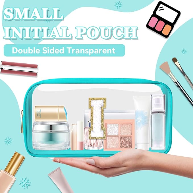 Small Clear Personalized Initial Makeup Bag,Nylon Preppy A-Z Chenille Letter Patch Cosmetic Pouch Beach Toiletry Bag,Waterproof Zipper Travel Purse Storage Bag Organizer for Women Girls(Cyan-White I)