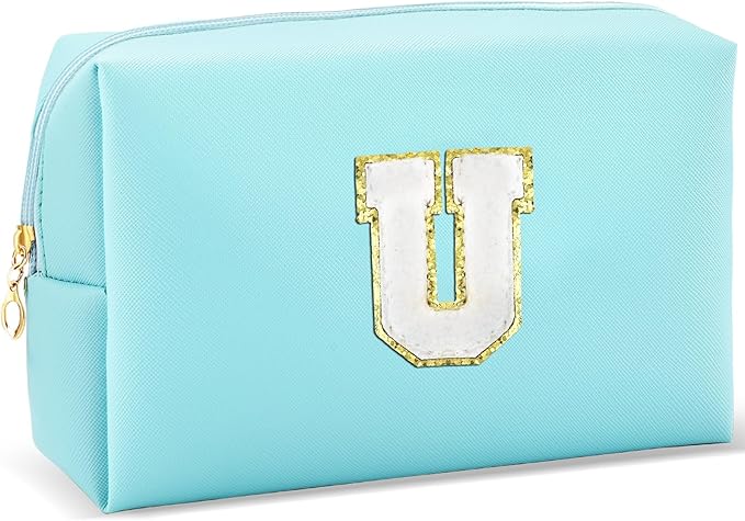 Gifts for Girls Initial Makeup Bag Personalized Cosmetic Bag with Zipper Cute Travel Toiletry Bag Waterproof PU Preppy Makeup Pouch Birthday Gift for Teen Girls Women(Blue U)