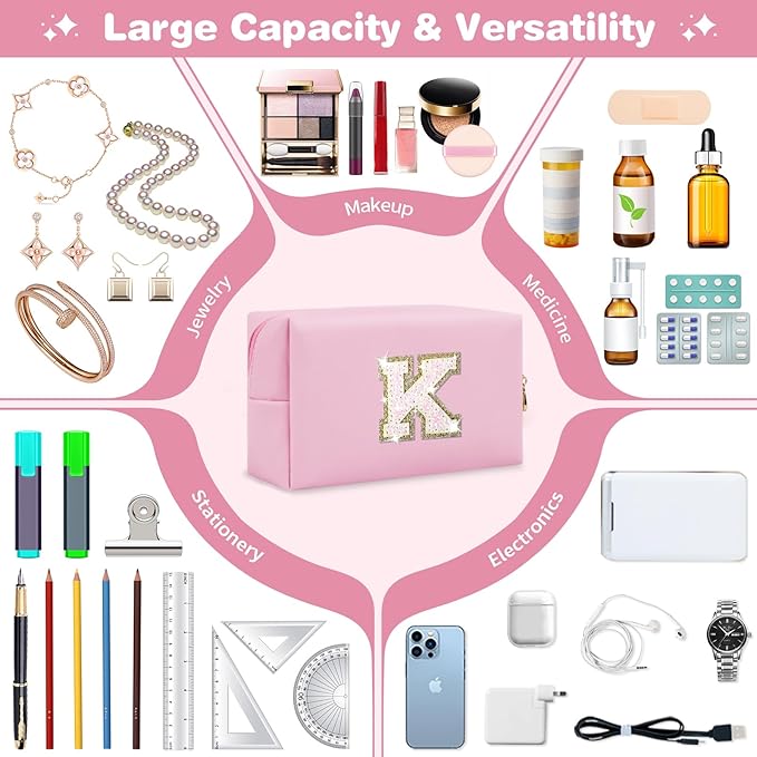 Small Personalized Initial A-Z Patch Makeup Bag,Pink Cute PU Leather Glitter Letter Cosmetic Bag for Teen Girls,Travel Toiletry Bag with Zipper,Preppy Monogrammed Birthday Gift for Daughter Niece K