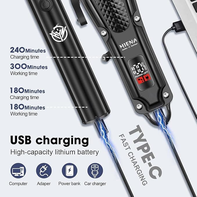 HIENA PRO Professional Hair Clippers and Trimmers Set for Men Cordless Barber Kit Hair Cutting Kit Rechargeable Clipper Set for Barbers with LED Display, Gifts for Men, (Black)