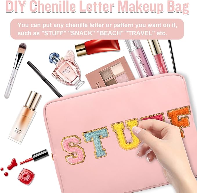 Nylon Large Makeup Bag Travel Pouch for Women, Preppy Big Pink Makeup Bag Cute Cosmetic Zipper Pouch Purse, DIY Chenille Letter Bag Waterproof Toiletry Bag Clutch Makeup Organizer for Women Girl(Pink)