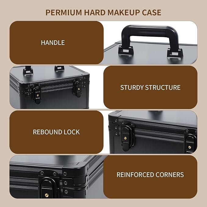 Travel Makeup Case with Lighted LED Mirror – Waterproof Cosmetic Organizer with Adjustable Dividers, Portable Makeup Train Case for Women, Black