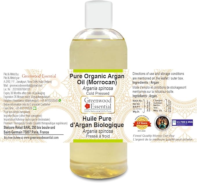 Greenwood Essential Pure Organic Argan (Moroccan) Oil (Argania spinosa) Cold Pressed 200ml (6.76 oz)