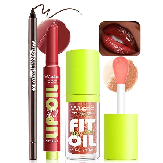 Brown Lip Liner Glitter Lip Gloss Oil Click Lip Balm, Hydrating Lipstick Tinted Lip Oil for Women Makeup Lightweight Non Sticky Liquid Lipstick Lip Liner Pencil Combo Set