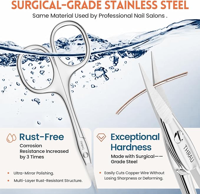 THRAU Left-Handed Cuticle Scissors – Surgical Grade Stainless Steel with Sharp Curved Tip for Cuticles, Nails, Eyebrows, Eyelashes, Nose Hair & Beard – Ideal for Manicure & Precise Grooming