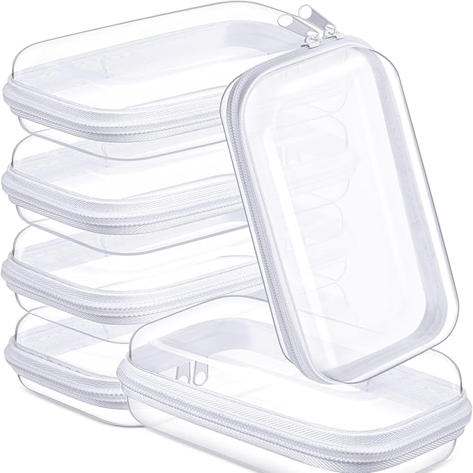 Sanwuta 6 Pcs Clear Hard Zipper Case Hard Plastic Zipper Pouches Makeup Bag Pencil Pouches Transparent Cases for Snacks Plastic Storage Organizer Box for Travel(White,7.48 x 3.94 x 2 Inch)