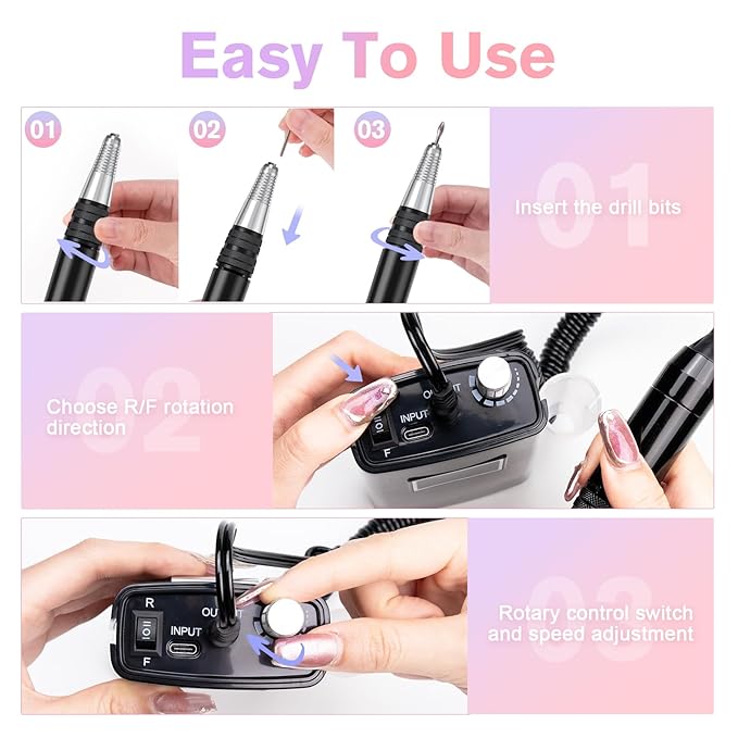 Beloving Portable Nail Drill Professional, 45000RPM Rechargeable Nail Drill Electric File Machine for Acrylic Gel Polish Remover, Cordless Nail Kit for Manicure Pedicure with 11 Bits for Salon (Black)