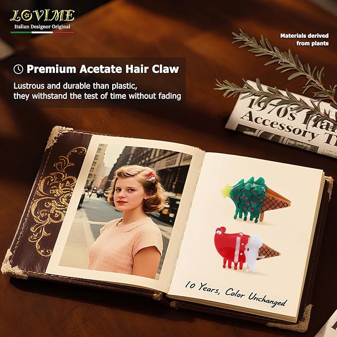 Original Italian Designed Mini Christmas Hair Claw Clips for Women, Strong Grip Plant-Based Acetate Hair Clips for Girls, Cute Christmas Tree Santa Ice Cream Hair Accessories With Gift Box 2pcs