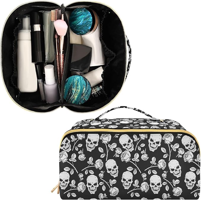 Makeup Organizer Bag, Skull with Rose Print Travel Makeup Bags Makeup Vanity Case Large Capacity Rhombus Cosmetic Toiletry Bag for Girl Women Ladies