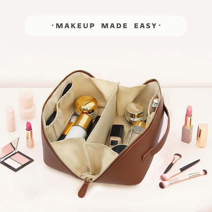 Travel Makeup Bag – Large Cosmetic Organizer with Waterproof PU Leather, Smooth Double Zipper & Tear-Resistant Lining, Toiletry Pouch for Women (Brown)