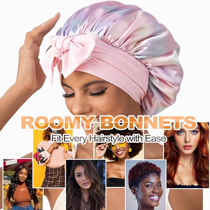 GDTOGRT Satin Silk Bonnet for Sleeping Women - Double Layer Sleep Hair Bonnets Caps for Curly Braid Hair with Tie Band