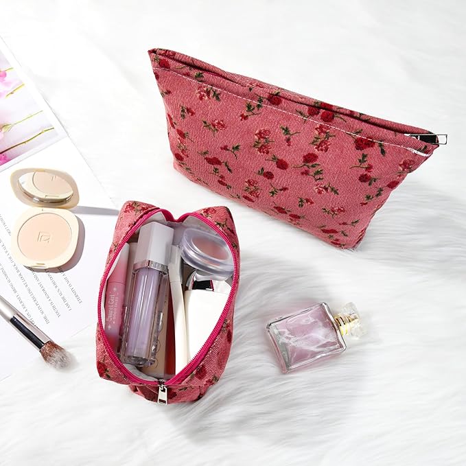 SOIDRAM 2 Pieces Rose Makeup Bag Large Cosmetic Bag Capacity Canvas Mix Travel Toiletry Bag Organizer Cute Makeup Brushes Aesthetic Accessories Storage Bag for Women, Rose Mix Green Red