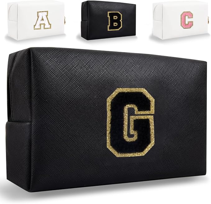 Small Personalized Letter Makeup Bag, Cute PU Leather Chenille Letters Cosmetic Bag Travel Makeup Pouch, Preppy Travel Organizer Zipper Pouch for Women&Girls（Black-G）