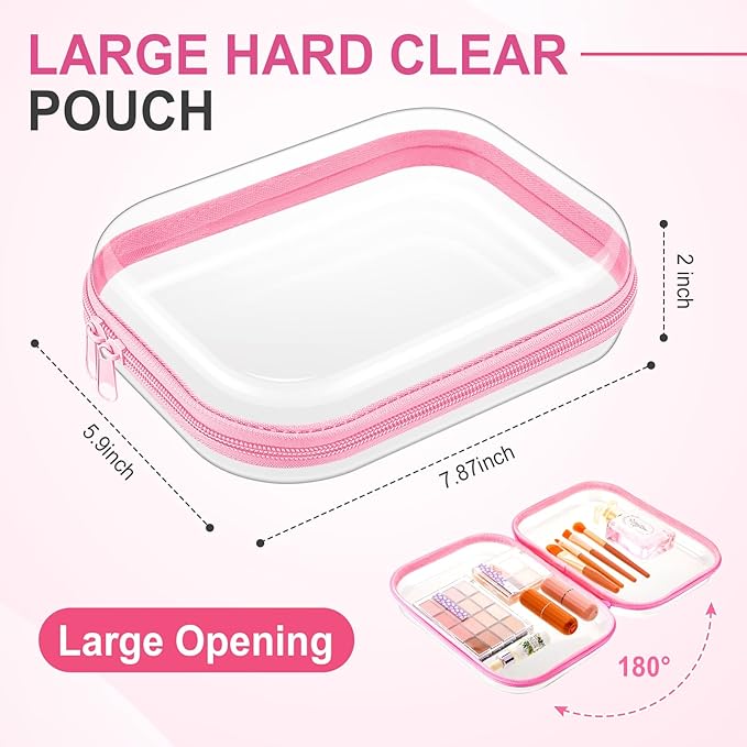 Sanwuta 6 Pcs Clear Hard Zipper Case Hard Plastic Zipper Pouches Makeup Bag Pencil Pouches Transparent Cases for Snacks Plastic Storage Organizer Box for Travel(Pink,7.87 x 5.9 x 2 Inch)