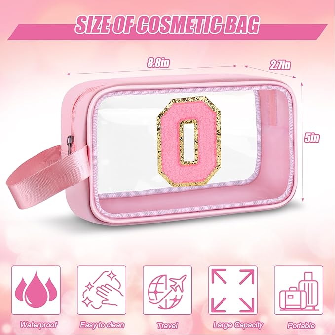 Initial Makeup Bag,Letter O Cute Clear Monogrammed Cosmetic Travel Bag for Womens Girls,Personalized Pink Aesthetic Traveling Make Up Organizer Bag for Beach,Waterproof Toiletry Bag