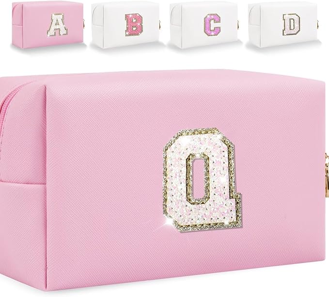 Small Personalized Glitter Initial Letter Makeup Bag, Cute PU Leather Chenille Letters Cosmetic Bag Travel Makeup Pouch, Preppy Travel Organizer Zipper Pouch for Women&Girls（Pink-Q）