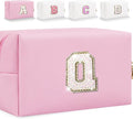 Small Personalized Glitter Initial Letter Makeup Bag, Cute PU Leather Chenille Letters Cosmetic Bag Travel Makeup Pouch, Preppy Travel Organizer Zipper Pouch for Women&Girls（Pink-Q）