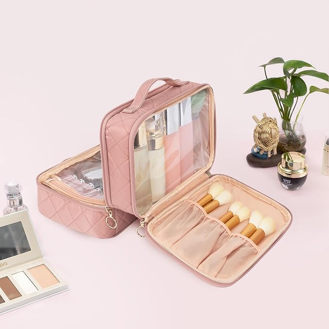 OCHEAL Clear Makeup Bag, Double Layer Cosmetic Bag, Large Capacity Minimalist Cosmetic Case for Women Travel Beauty Essentials, Multiple Compartments Makeup Case Organizer Zipper Pouch -Nude Pink