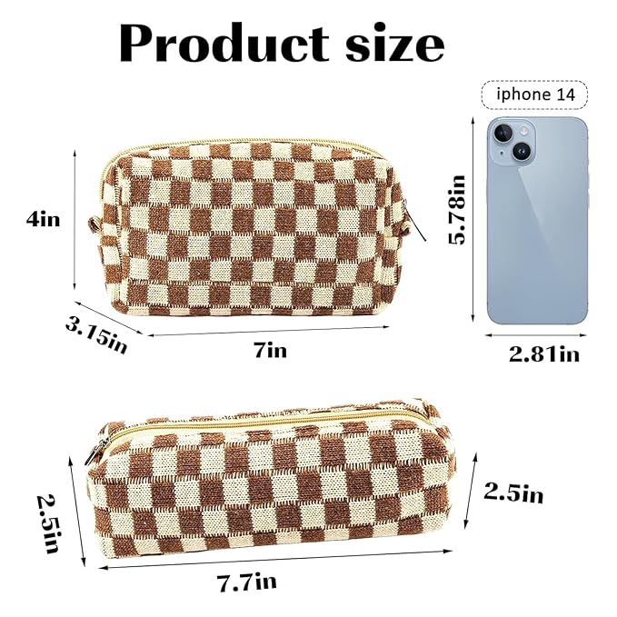 2Pcs Checkered Pencil Case Cute Pencil Pouch for Teens Checkered Makeup Bag Travel Cosmetic Bag Set Cute Makeup Pouch for Purse Portable Zippered Skincare Bags Preppy Toiletry Bags Organizer(Brown)