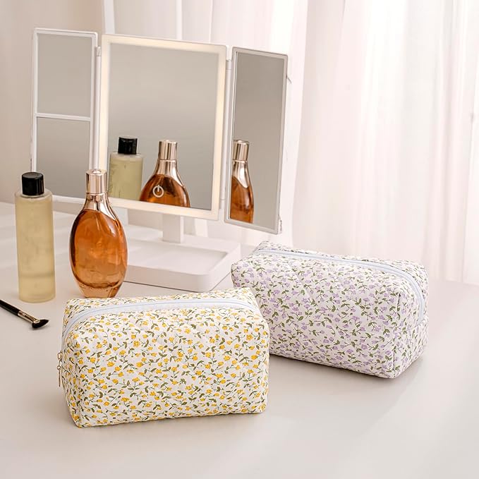 JOVAKIT Square Makeup Bag Cute Cosmetic Bag for Women, Floral Coquette Aesthetic Toiletry Bag, Zipper Make Up Pouch, Travel Make Up Organizer Bag (Yellow Orange Flower)