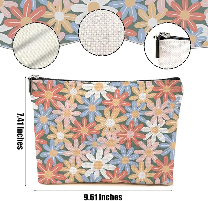 Vintage Daisy Flowers Makeup Bag Floral Cosmetic Bag Friend Friendship Gifts for Women Girls Sister Coworker Daughter Botanical Travel Organizer Zipper Pouch Christmas Thanksgiving Birthday Gifts