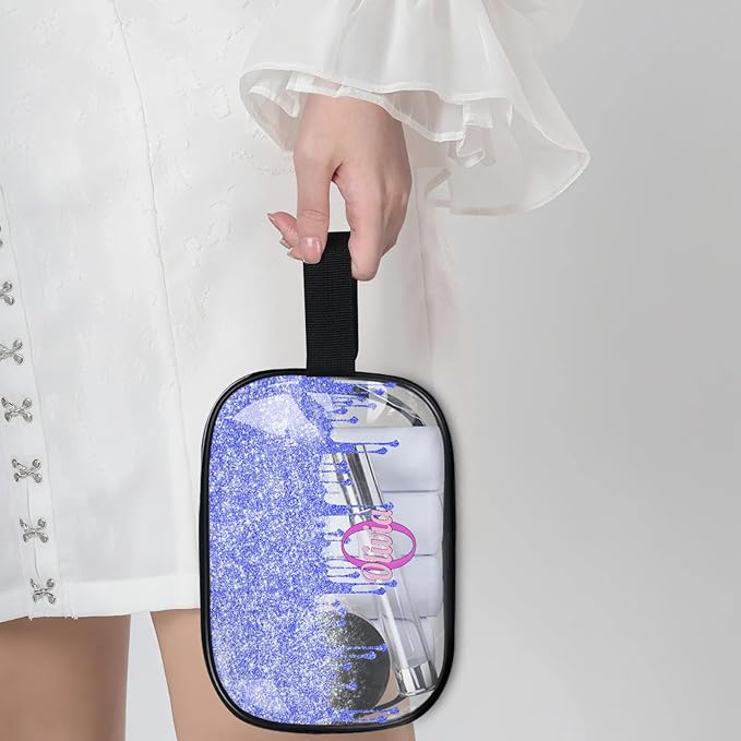 Personalized Name Clear Makeup Bag, Custom Women Transparent Cosmetic Travel Toiletry Bag Pouch Organizer for Vacation Weekend, Bright Blue Curtain Glittery