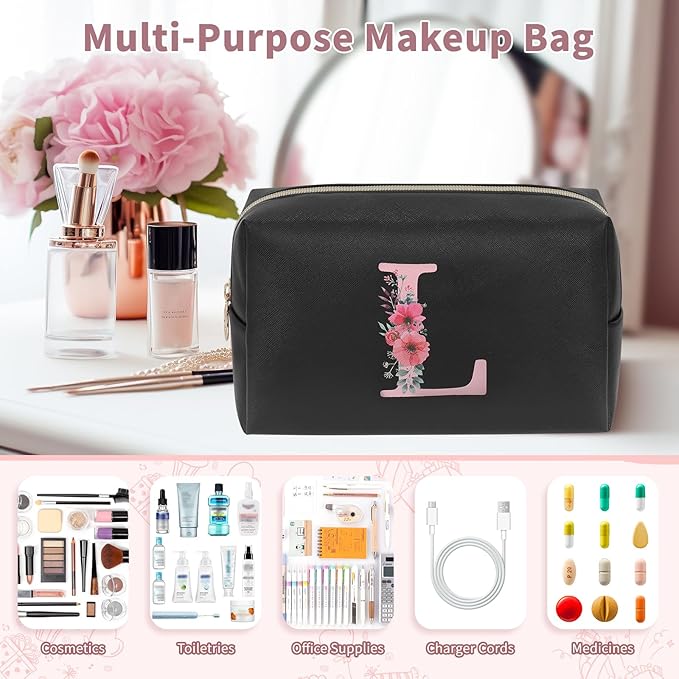 Personalized Initial Makeup Bag, Birthday Gifts for Women and Girls, Small Makeup Pouch Travel Toiletry Bag, Make Up Organizer Bag Gift Trendy Stuff for Friend Mom Teacher, Black
